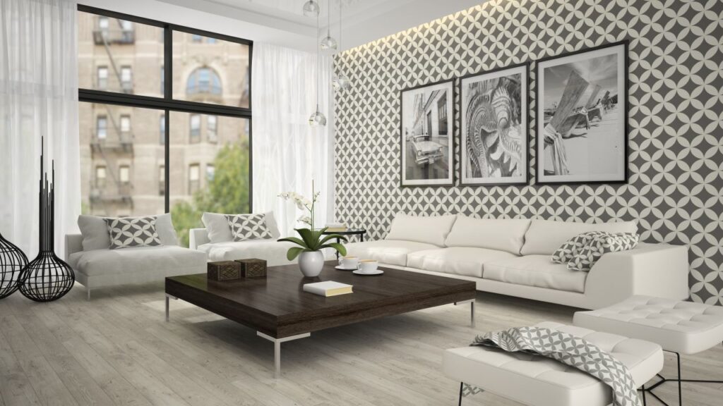 Interior of Singaporean living room with stylish 3D wallpaper